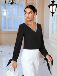 SHEIN Clasi Contrast Sequin Tape Knot Split Sleeve Blouse - Black - View 4