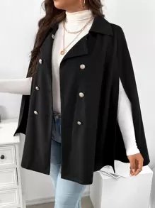 Celure Plus Cloak Sleeve Double Breasted Cape Overcoat - Black - View 1