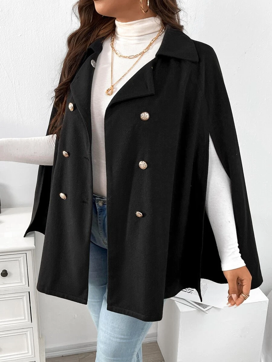 Celure Plus Cloak Sleeve Double Breasted Cape Overcoat - Black - View 1