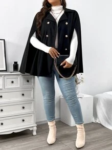 Celure Plus Cloak Sleeve Double Breasted Cape Overcoat - Black - View 3