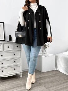 Celure Plus Cloak Sleeve Double Breasted Cape Overcoat - Black - View 4