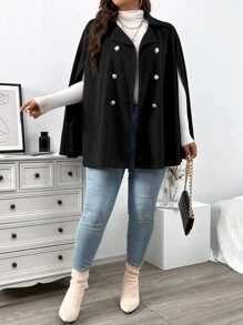 Celure Plus Cloak Sleeve Double Breasted Cape Overcoat - Black - View 5