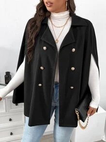 Celure Plus Cloak Sleeve Double Breasted Cape Overcoat - Black - View 6
