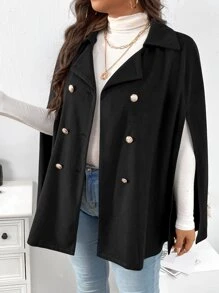 Celure Plus Cloak Sleeve Double Breasted Cape Overcoat - Black - View 7
