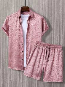 Manfinity Homme Men Rose Jacquard Shirt & Drawstring Waist Shorts Without Tee - Dusty Pink - View 1