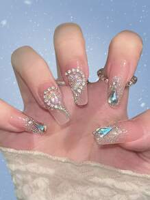 ROMWE Fairycore 24 piezas Uña postiza ataúd con diseño de diamante de imitación - Multicolor - Ver 2