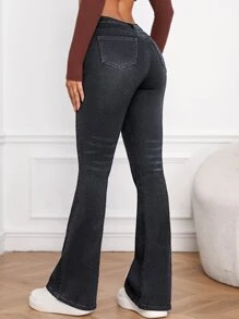 Slant Pocket Bootcut Leg Jeans - Dark Grey - View 5