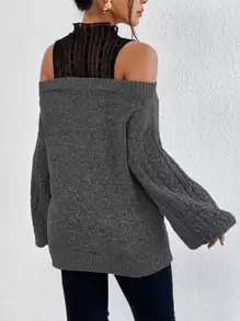 SHEIN Privé Suéter con encaje de contraste de hombros descubiertos, blusas de manga larga - Gris Oscuro - Ver 2