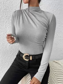 SHEIN Frenchy Mock Neck Ruched Bodysuit - Light Grey - View 1