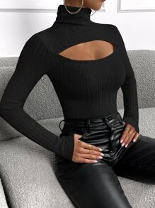 SHEIN BAE Áo thun nữ Cắt ra Gân đan màu trơn Gợi cảm - màu đen - Xem 4