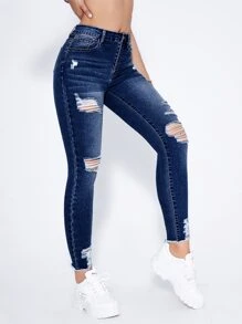SHEIN Essnce High Waist Ripped Moustache Effect Skinny Jeans - Dark Wash - View 3