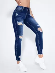SHEIN Essnce 高腰破洞貓鬚緊身牛仔褲 - 深色水洗藍 - 查看 4