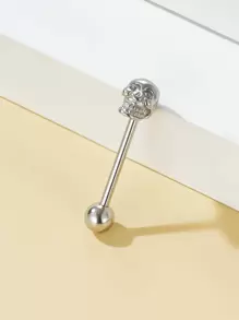 Skull Decor Tongue Barbell Ring - Silver - View 1