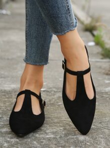 Cut Out Point Toe Faux Suede Mary Jane Flats - Black - View 3