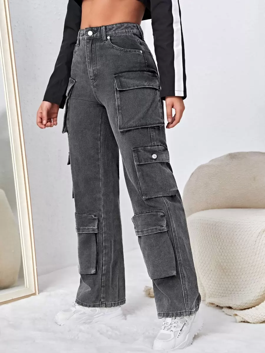Jeanoix High Waisted Flap Pocket Cargo Jeans - Dark Grey - View 1