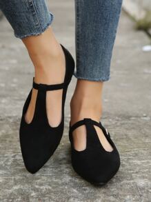 Cut Out Point Toe Faux Suede Mary Jane Flats - Black - View 1