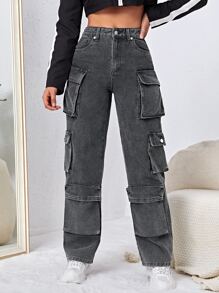 Jeanoix High Waisted Flap Pocket Cargo Jeans - Dark Grey - View 4