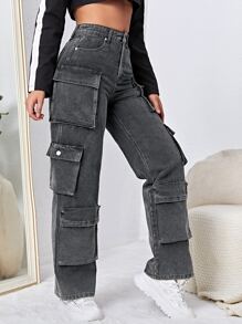 Jeanoix High Waisted Flap Pocket Cargo Jeans - Dark Grey - View 2