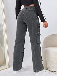 Jeanoix High Waisted Flap Pocket Cargo Jeans - Dark Grey - View 3