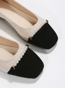 女士人造珍珠裝飾方頭時尚仿麂皮芭蕾舞鞋適用於戶外 - 米色 - 查看 5