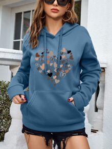 INAWLY 心形印花袋鼠口袋落肩抽绳保暖连帽衫，长袖上衣 - 霧霾藍 - 查看 3