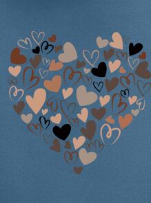 INAWLY 心形印花袋鼠口袋落肩抽绳保暖连帽衫，长袖上衣 - 霧霾藍 - 查看 4