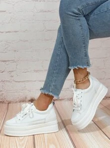 Letter Patch Decor Lace-up Front Wedge Sneakers - White - View 1