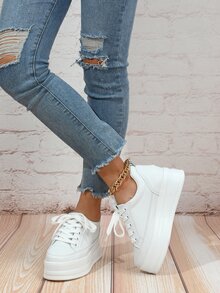 Letter Patch Decor Lace-up Front Wedge Sneakers - White - View 2