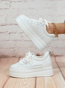 Letter Patch Decor Lace-up Front Wedge Sneakers - White - View 3