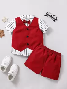 SHEIN Young Boy Red & White Striped College Style Gentleman's Basic Collar Regular Sleeve 2pcs Summer Set - Red and White - View 1