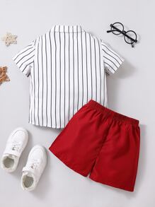 SHEIN Young Boy Red & White Striped College Style Gentleman's Basic Collar Regular Sleeve 2pcs Summer Set - Red and White - View 2