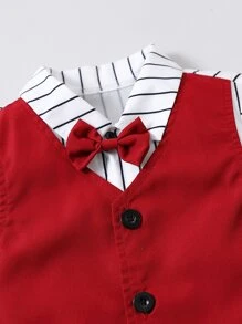 SHEIN Young Boy Red & White Striped College Style Gentleman's Basic Collar Regular Sleeve 2pcs Summer Set - Red and White - View 3