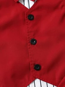 SHEIN Young Boy Red & White Striped College Style Gentleman's Basic Collar Regular Sleeve 2pcs Summer Set - Red and White - View 5