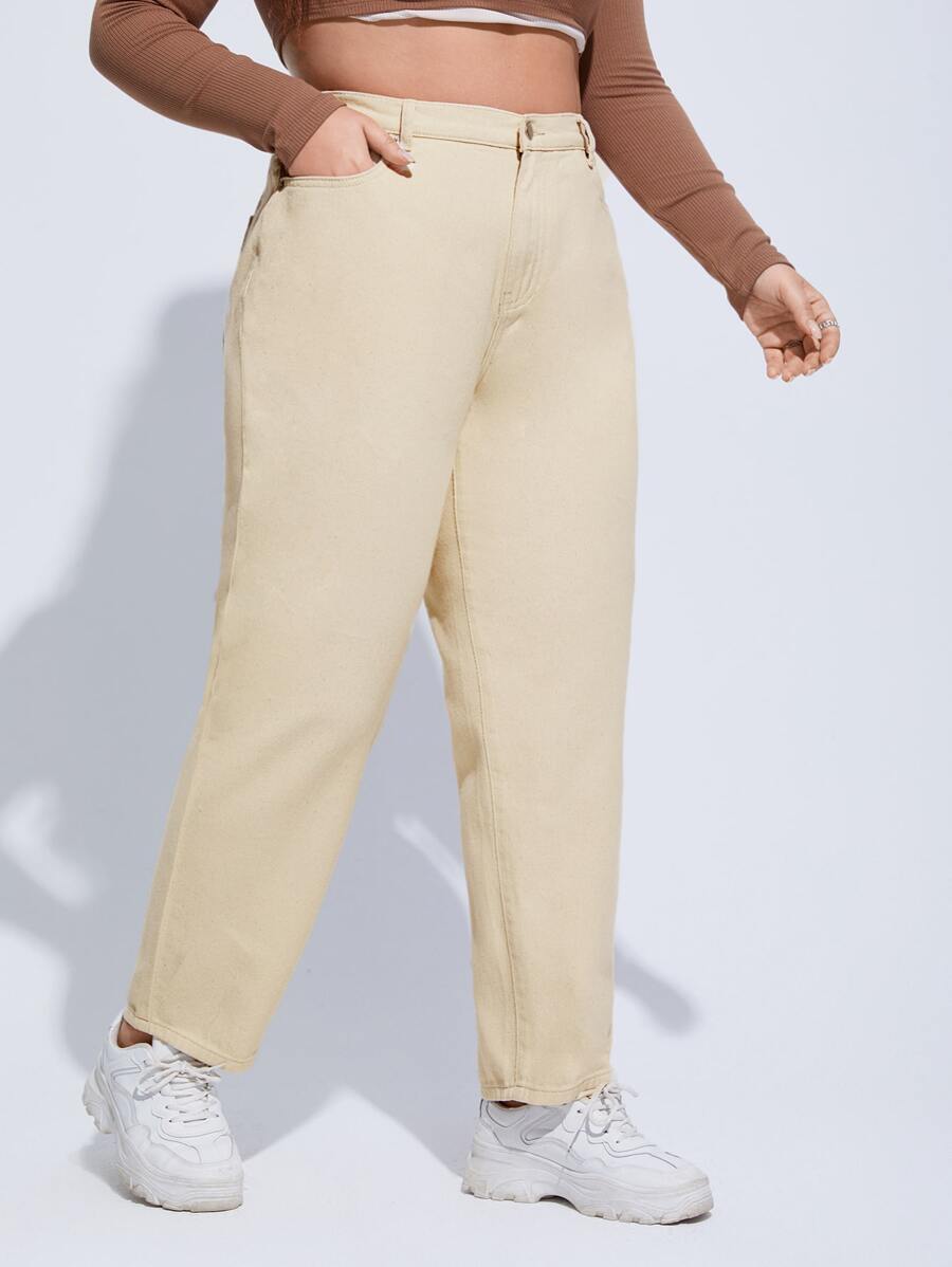Quần Denim kích thước lớn Nút Túi Dây kéo màu trơn - Màu be - Xem 1