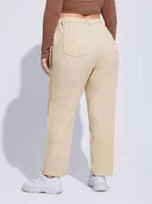 Quần Denim kích thước lớn Nút Túi Dây kéo màu trơn - Màu be - Xem 2