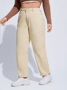 Quần Denim kích thước lớn Nút Túi Dây kéo màu trơn - Màu be - Xem 3