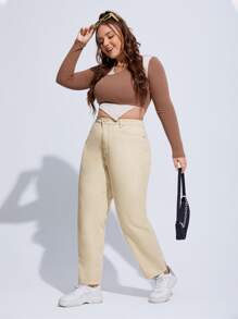 Quần Denim kích thước lớn Nút Túi Dây kéo màu trơn - Màu be - Xem 4