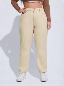 Quần Denim kích thước lớn Nút Túi Dây kéo màu trơn - Màu be - Xem 5
