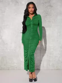 SHEIN SXY Vestido ajustado fruncido con botón - Verde - Ver 3