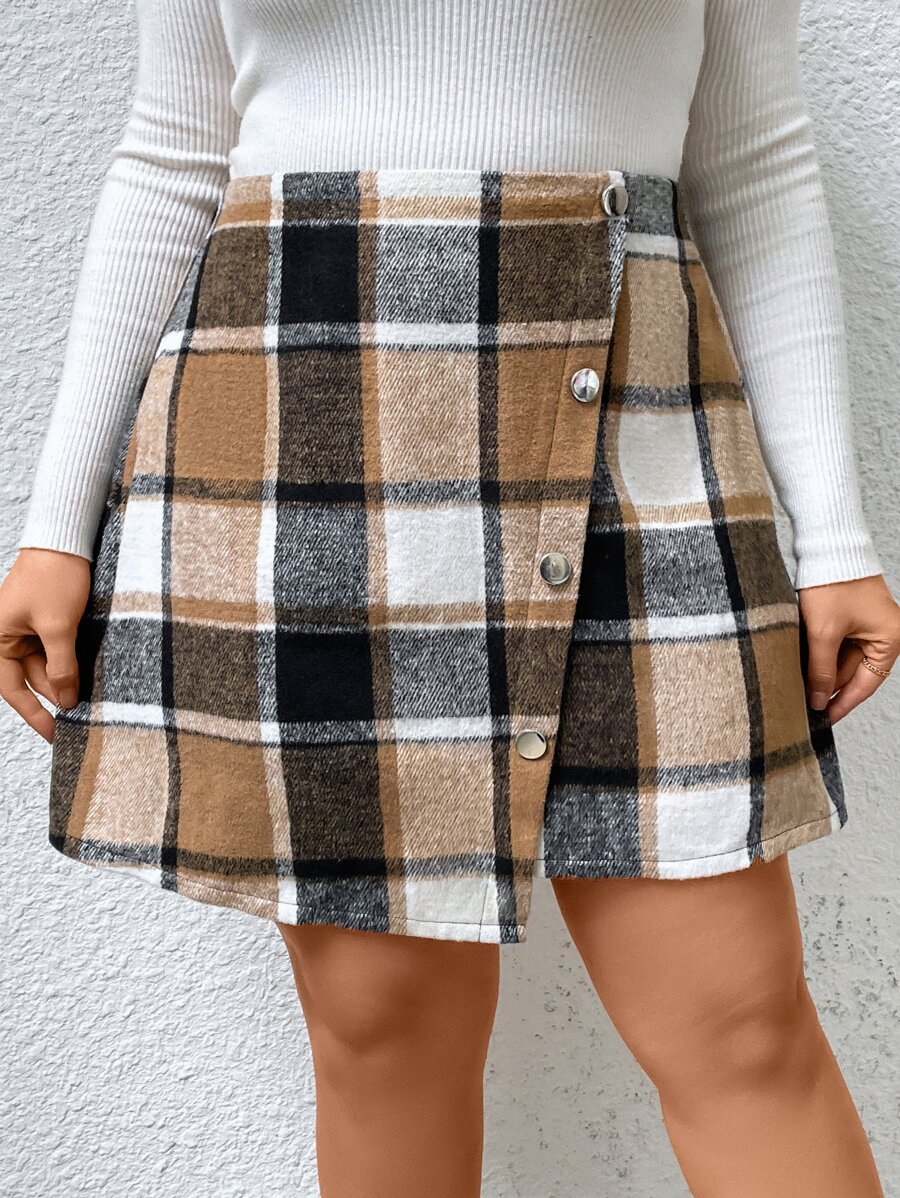 Celure Plus Plaid Print Button Front Asymmetrical Hem Skirt - Multicolor - View 1