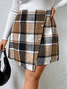 Celure Plus Plaid Print Button Front Asymmetrical Hem Skirt - Multicolor - View 3