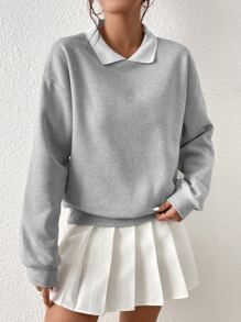 SHEIN Qutie Pullover de cuello en contraste de hombros caídos - Gris - Ver 1