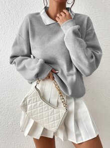 SHEIN Qutie Pullover de cuello en contraste de hombros caídos - Gris - Ver 3