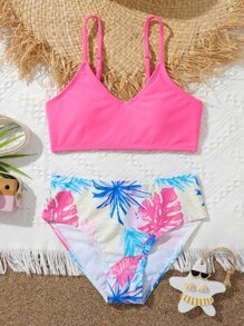 Tween Girl Tropical Print Bikini Set Summer Beach - Multicolor - View 1