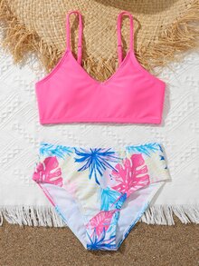 Tween Girl Tropical Print Bikini Set Summer Beach - Multicolor - View 3