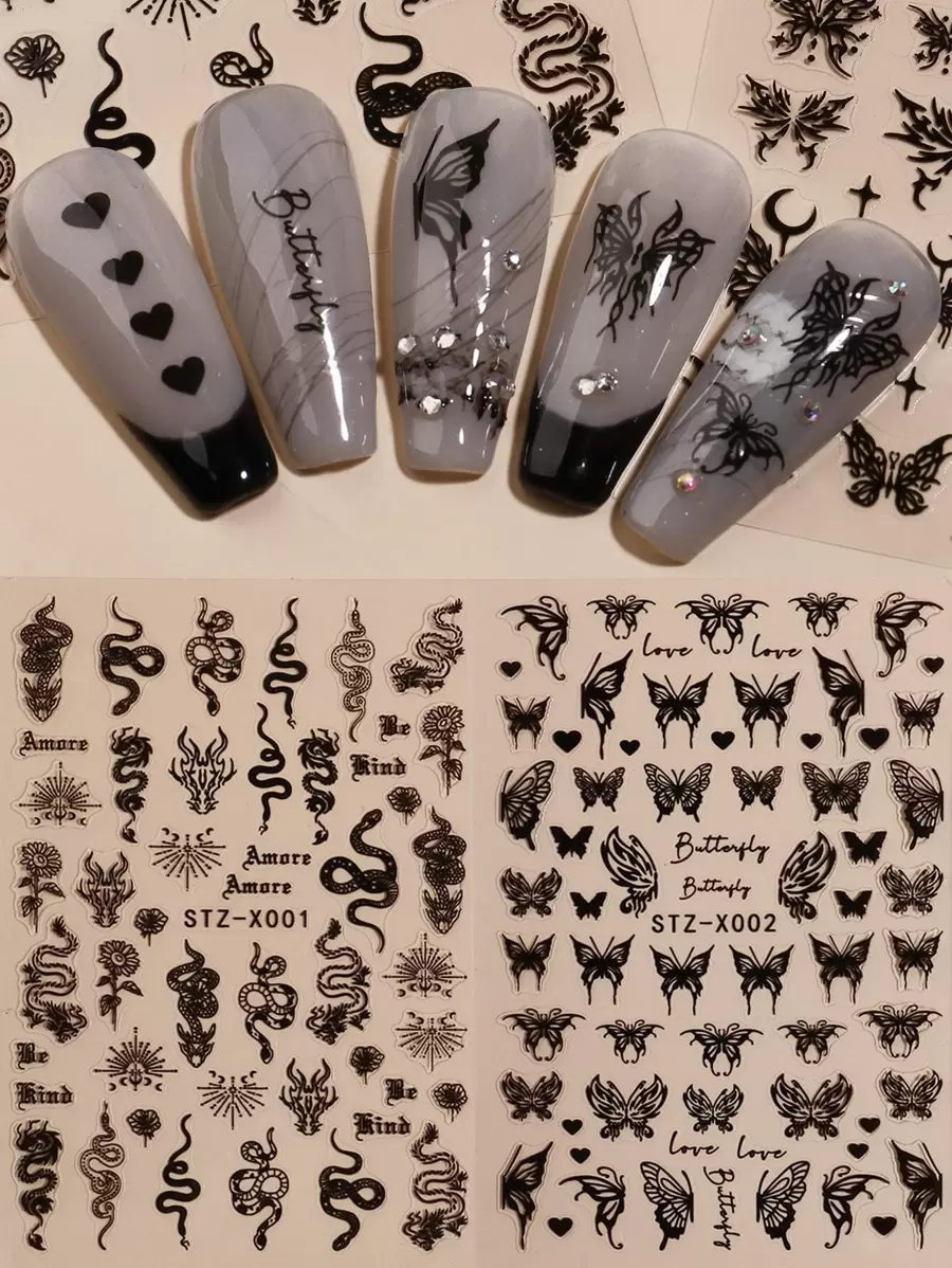 FULL BEAUTY 2张蛇形图案美甲贴纸 DIY美甲用品 - 黑色 - 查看 1