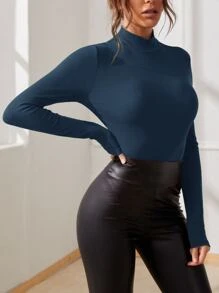 SHEIN SXY Solid Mock Neck Rib-knit Bodysuit - Navy Blue - View 3