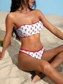 櫻桃印花對比邊綁帶式泳裝套裝，夏季沙灘必備 - 彩色 - 查看 4