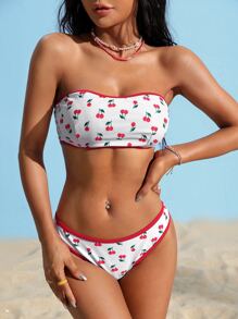 櫻桃印花對比邊綁帶式泳裝套裝，夏季沙灘必備 - 彩色 - 查看 5