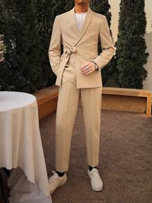 Manfinity AFTRDRK Men Solid Knot Front Blazer & Suit Trousers - Khaki - View 1